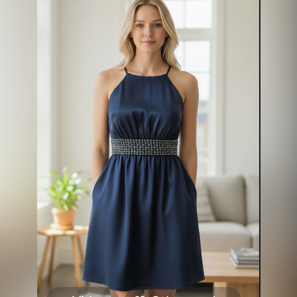 Halter Neck Ruched Sequin stretch satin Nay Blue Midi Dress Pockets